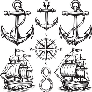Set of hand drawn nautical anchors, ships, compass and rope knot isolated on transparent background vector design. Vector Illustration
