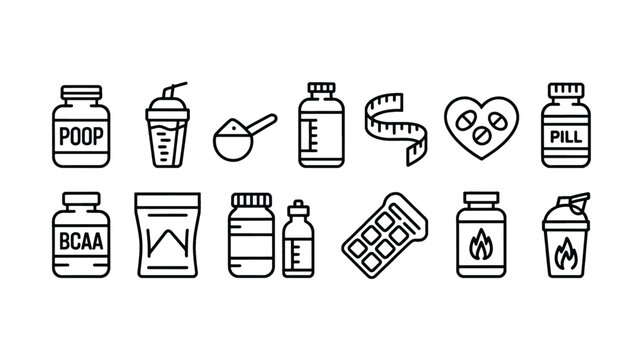 line icons of various fitness and nutrition supplements and health related items on white background