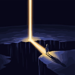 A lone figure stands on a dark cliff edge, illuminated by a golden beam of light bridging a deep chasm, symbolizing guidance or a path forward. © Syaiin
