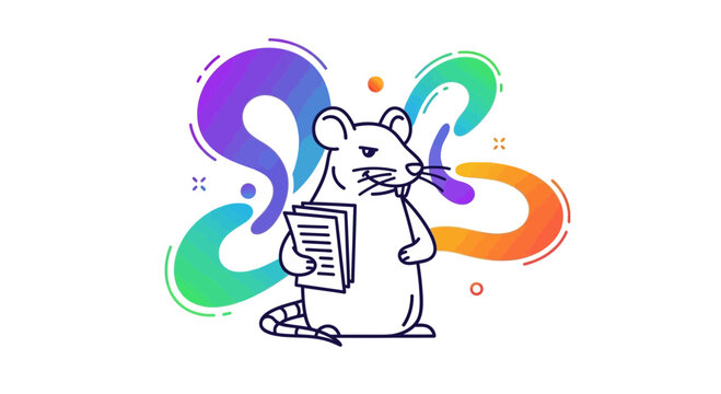 Cute cartoon rat holding papers, abstract colorful swirls background, funny animal illustration