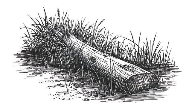 log lying in water with tall grass  natural scenery