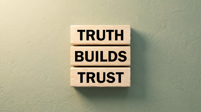 Truth builds trust message on wooden blocks against a textured green background promoting new