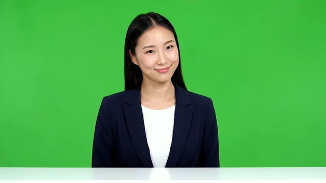 Smiling Asian Woman Presenting Against Green Screen in a Dark Blue Blazer and White Top