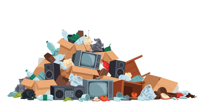 Large pile of garbage including old electronic devices, cardboard boxes, and plastic bottles represents environmental pollution and waste issues.