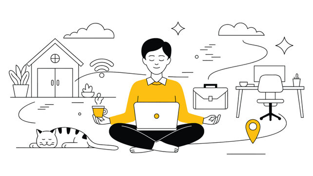 man working from home with laptop and coffee and cat