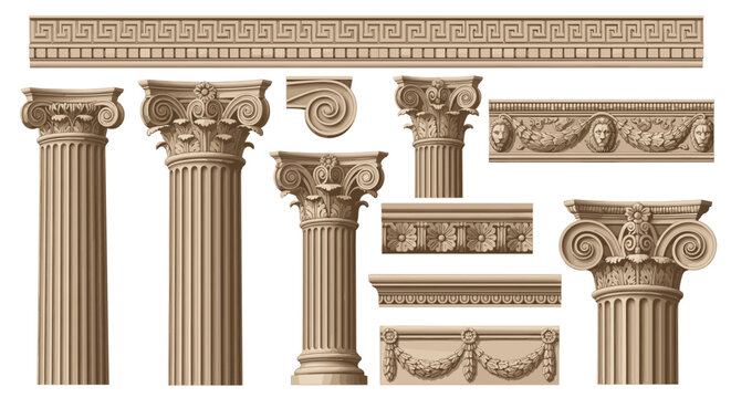 Classical architectural elements including ornate column capitals, fluted shafts, and decorative friezes with lion heads and floral garlands in stone.