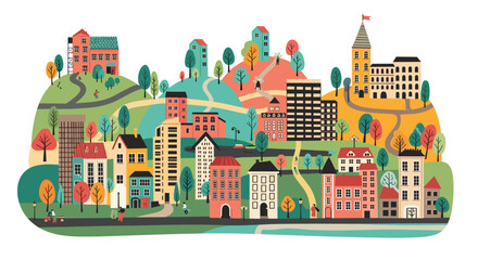 Fototapeta premium Vibrant and whimsical illustrated cityscape featuring colorful houses, rolling hills, winding paths, and stylized trees creating a playful urban scene.