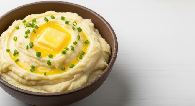 A heap of silky smooth mashed potatoes served in a rustic ceramic bowl, topped with a melting pat of yellow butter and fresh green chives, close up, creamy, tasty