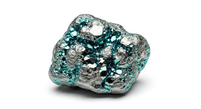 A high-resolution close-up shot of a raw zinc ore specimen with a metallic luster, isolated on a clean, solid white studio background, hard, metallic, matte