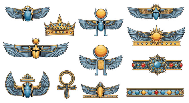 Collection of intricately designed ancient egyptian jewelry including scarab beetles, winged sun discs, ankh symbols, and royal crowns in gold and gems.