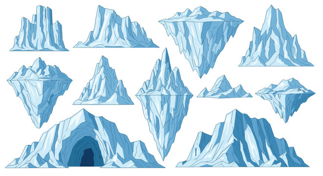 Collection of various floating icebergs, snowy mountain peaks, and a detailed ice cave shown in a clean illustrative style for arctic environments.