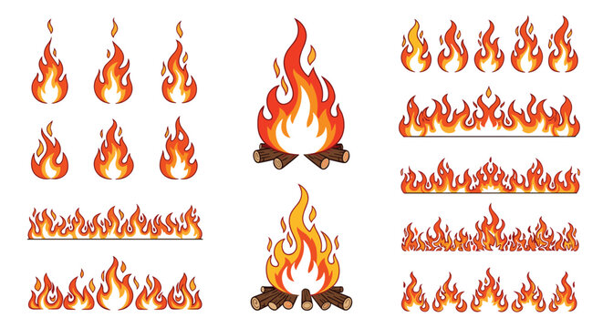 Set of stylized fire illustrations including single flames, horizontal fire borders, and classic campfires with burning wooden logs for outdoor themes.