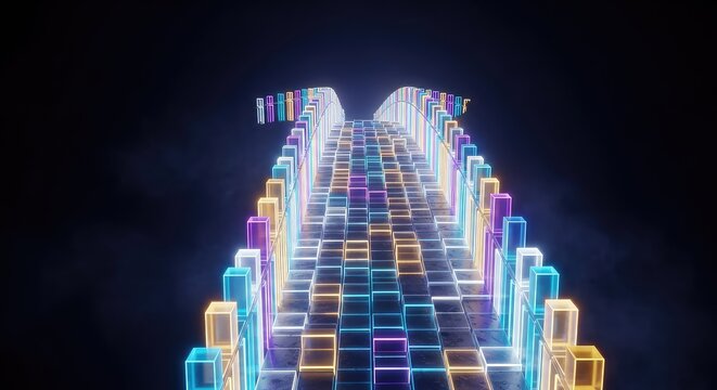 A luminous bridge constructed from glowing translucent blocks spans across a dark ethereal void, representing a solid foundation of trust, vibrant, geometric, stability