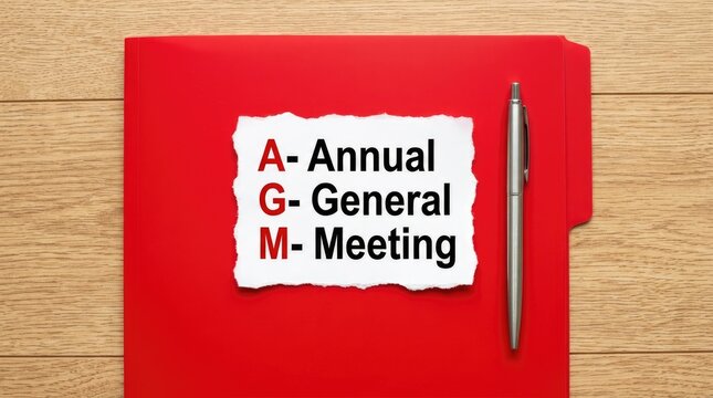 AGM Annual General Meeting Concept on Red Folder with Pen Corporate Governance Shareholders Conference and Business Communication Layout