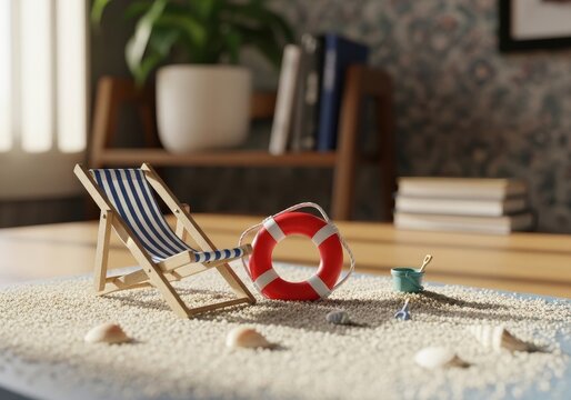 A miniature beach scene with a wooden deck chair and a red lifebuoy on a textured gray surface