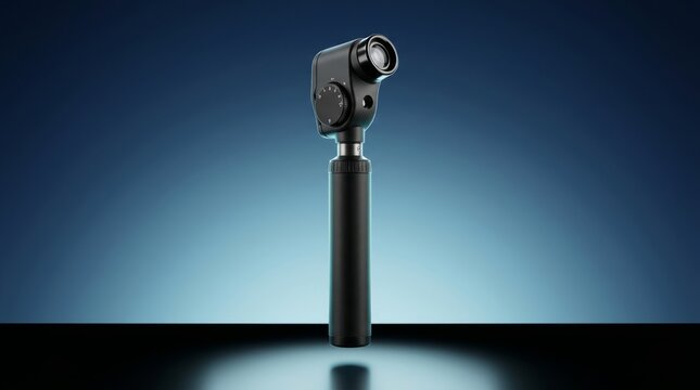 Clinical ophthalmoscope 3D render, retinal examination medical device visualization, handheld eye diagnostic instrument model, ophthalmology equipment design, healthcare product render