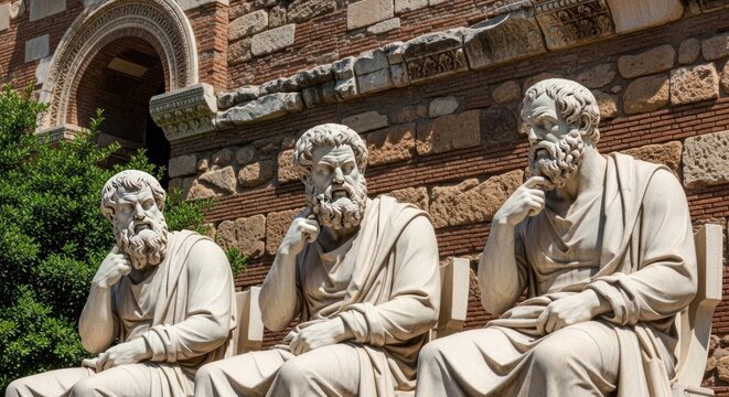 Three ancient stone philosopher statues sitting.