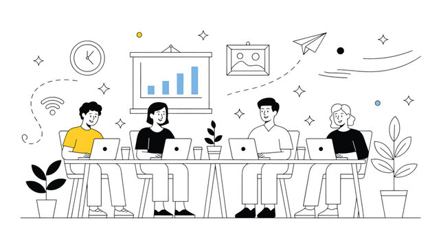 people sitting at a table with laptops and a projector screen in a meeting