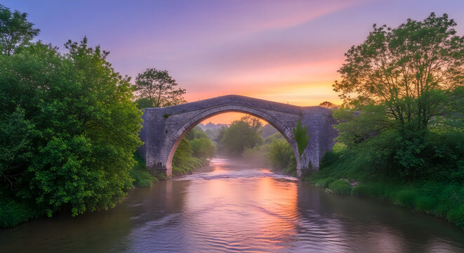 Picturesque stone bridge at sunset a tranquil landscape scene