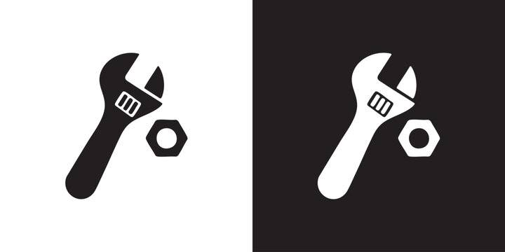 Minimalist Silhouette of Adjustable Wrench and Hexagonal Nut in Black and White