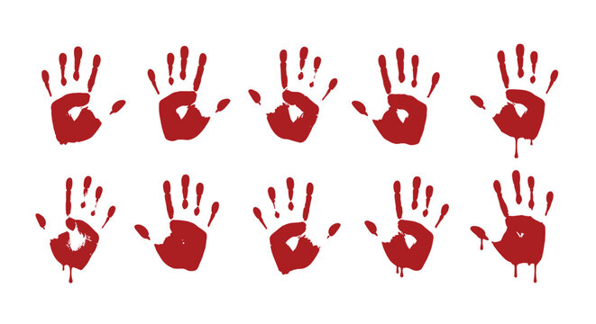 Collection of realistic red bloody handprints and splatters isolated on a white background for horror or crime themes.