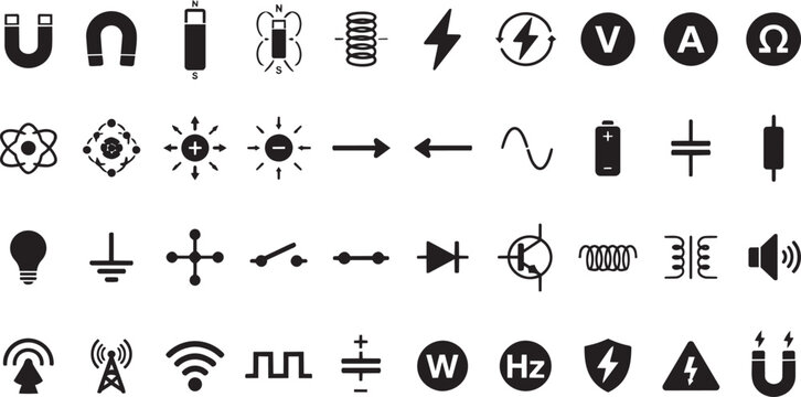 Physics and Electronics Icon Set, Black Silhouette Vector Symbols, Electricity, Magnetism, Energy and Circuit Science Collection