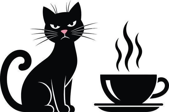 Black cat sitting next to steaming cup of coffee