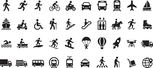 Transportation and Mobility Icon Set, Black Silhouette Vector Symbols, Travel, Logistics, Public Transport and Delivery Collection © MD FIRDAUS RAHMAN