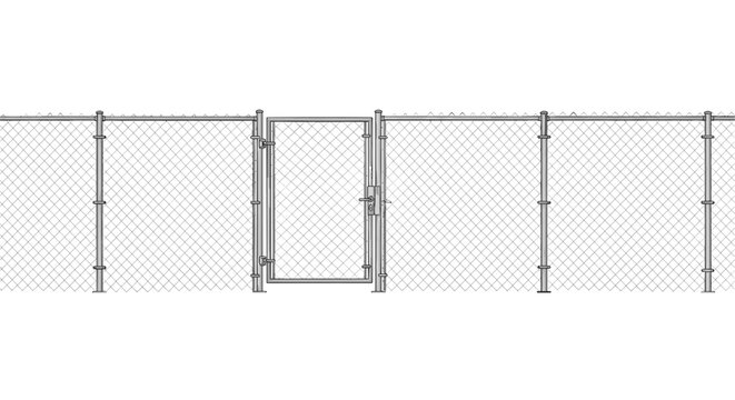 High quality illustration of a metal chain link security fence including a matching gate with latch for property protection.