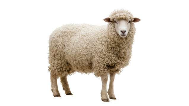 Fluffy white sheep with curly wool, standing still isolated on transparent background