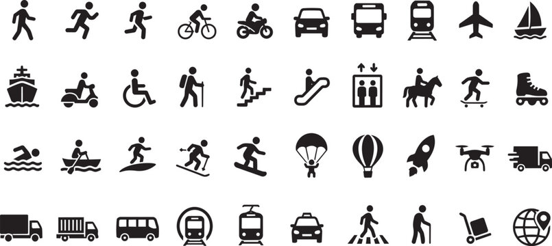 Transportation and Mobility Icon Set, Black Silhouette Vector Symbols, Travel, Logistics, Public Transport and Delivery Collection