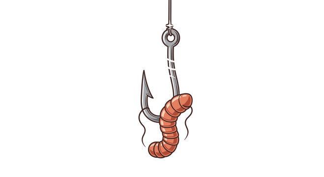 Fishing hook with live worm bait on white background, close-up
