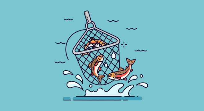 Fishing Net Catching Fish and Shrimp in Water Splash