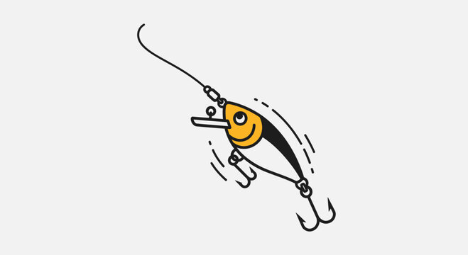 Fishing lure with hooks and line, cartoon style, for fishing, angling, bait, lure, tackle, sport