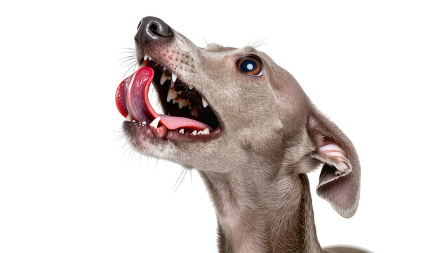 Greyhound dog with mouth open and tongue out, isolated on transparent background