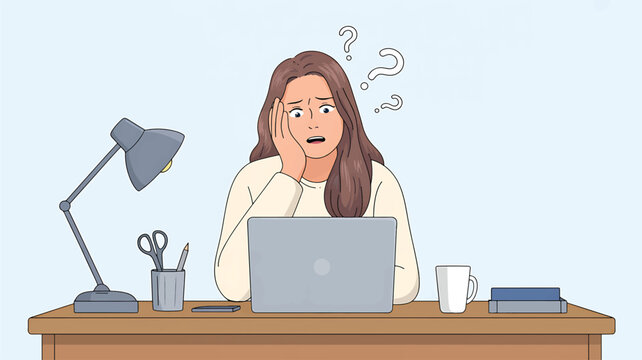 woman sitting at desk with laptop and confused expression