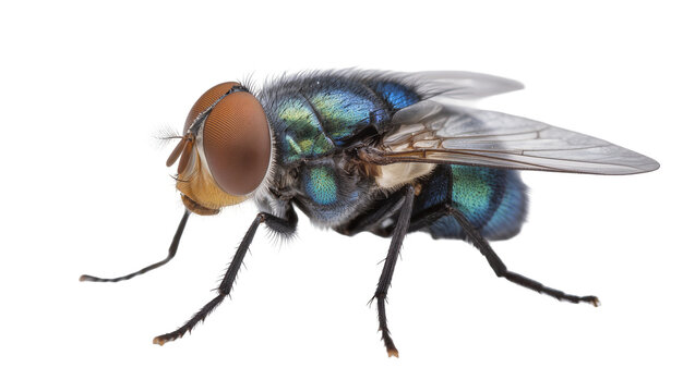 Detailed macro view of a metallic green fly with large compound eyes, isolated on transparent background