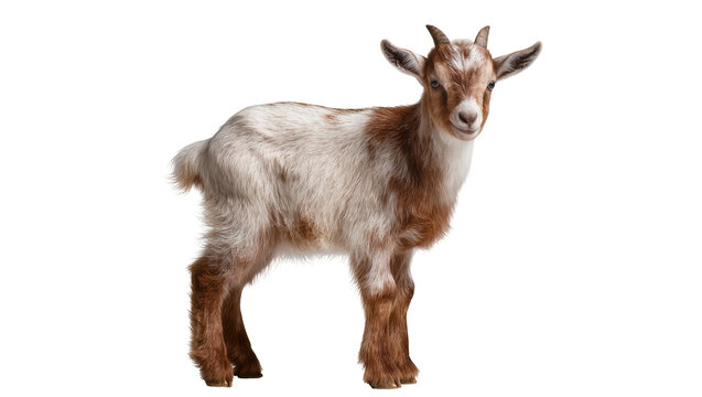 Young brown and white goat standing, isolated on transparent background