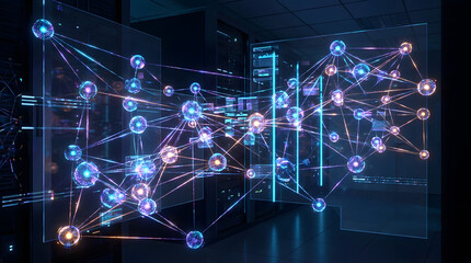Fototapeta premium Abstract network of glowing spheres and lines connecting in a modern data center