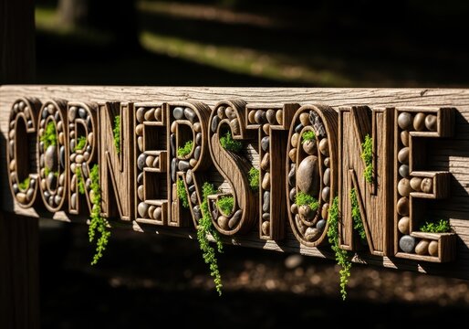 A close up view of a three dimensional sign spelling the word cornerstone with stone details.