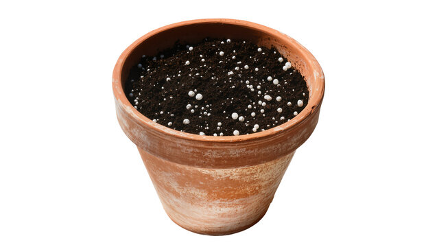 Terracotta pot filled with dark soil and perlite, isolated on transparent background