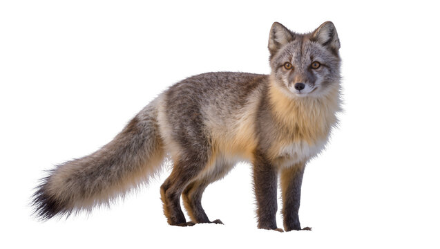 Gray fox with fluffy tail and golden chest, isolated on transparent background