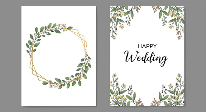 Elegant wedding invitation templates featuring delicate hand-drawn botanical wreaths and floral corners with gold geometric frames on a clean background.