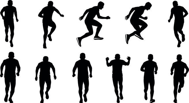 Collection of silhouetted human figures in dynamic poses representing movement and activity