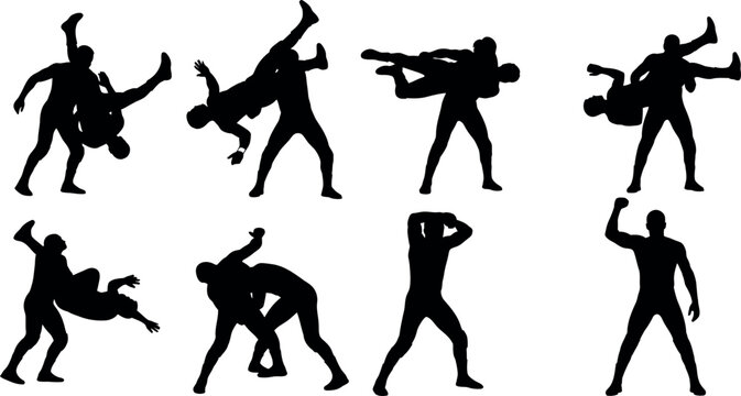 Wrestling silhouettes dynamic athletic figures in intense combat and physical exertion