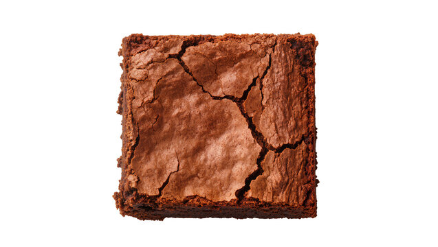 Cracked chocolate brownie square with rich texture, isolated on transparent background
