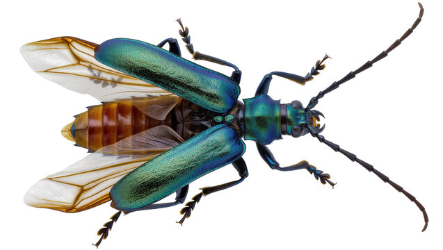 Iridescent blue beetle with spread wings and segmented abdomen, isolated on transparent background