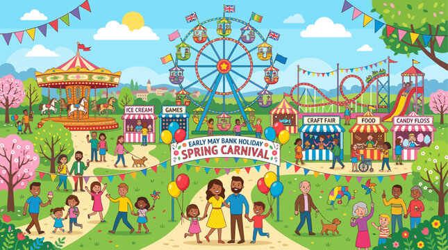 Vibrant spring carnival with rides and flags
