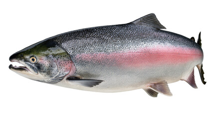 Obraz premium Whole fresh salmon fish with pink stripe, isolated on transparent background