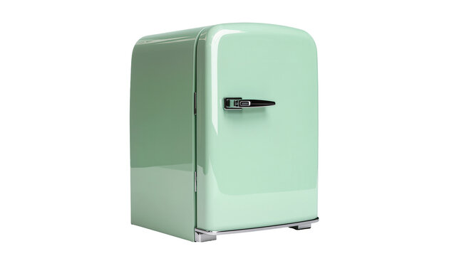 Retro mint green mini fridge with chrome handle, isolated on transparent background
